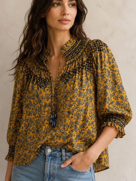 Zara Tops - Zara Mustard Floral Smocked Cotton Boho Blouse Top M Embroidered Peasant